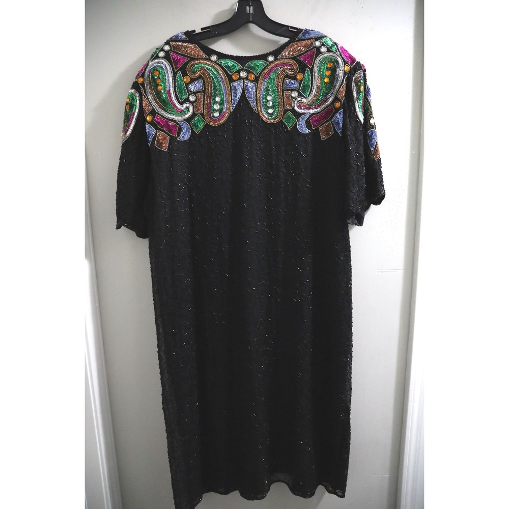 Carina Black Silk Beaded Paisley Dress Plus Size 3X Short Sleeve Sequin Shift